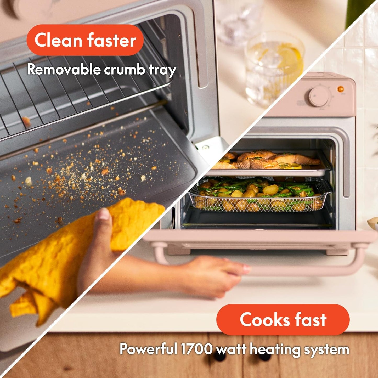bella Air Fry Toaster Oven, 7 Preset Cooking Options, Dishwasher-Safe EverGood Coated Trays Included, 60-Minute Auto Shutoff w Audible Timer, Power Indicator Light, 1700 Watt, Blossom