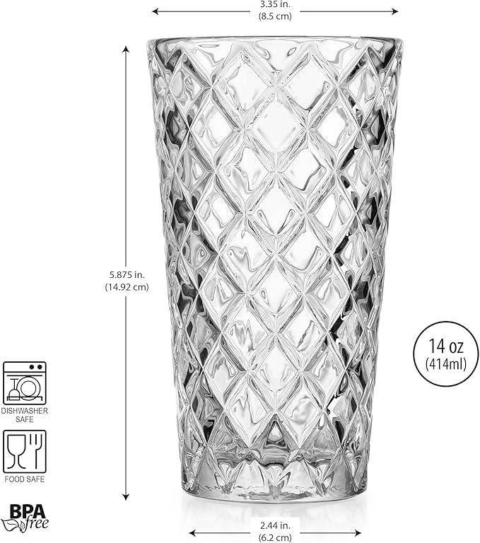Glaver's Drinking Glasses Set of 4. Tall Highball Glasses. 14oz. Textured Diamond Cut Elegant Drinking Glass Cups- Kitchen Glassware for Water, Iced Tea, Juice, Cocktail.