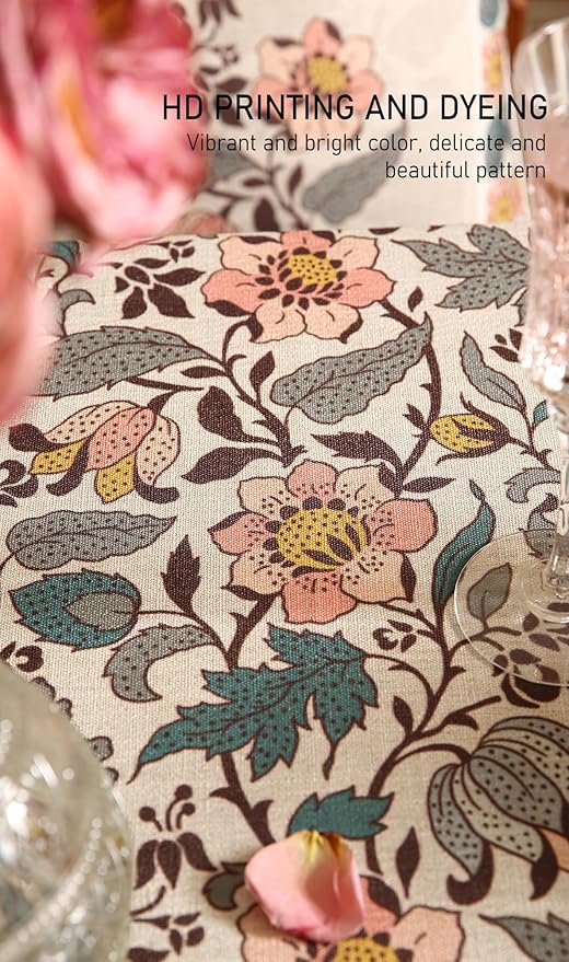 ISAENNE Designer Boho Floral Table Cloth for Rectangle Table,Linen Lotus Flower Pattern Colorful Tablecloth,Durable Decor Tablecloths for Dining Thanksgiving Kitchen Christmas,55"*79"-Hazel A