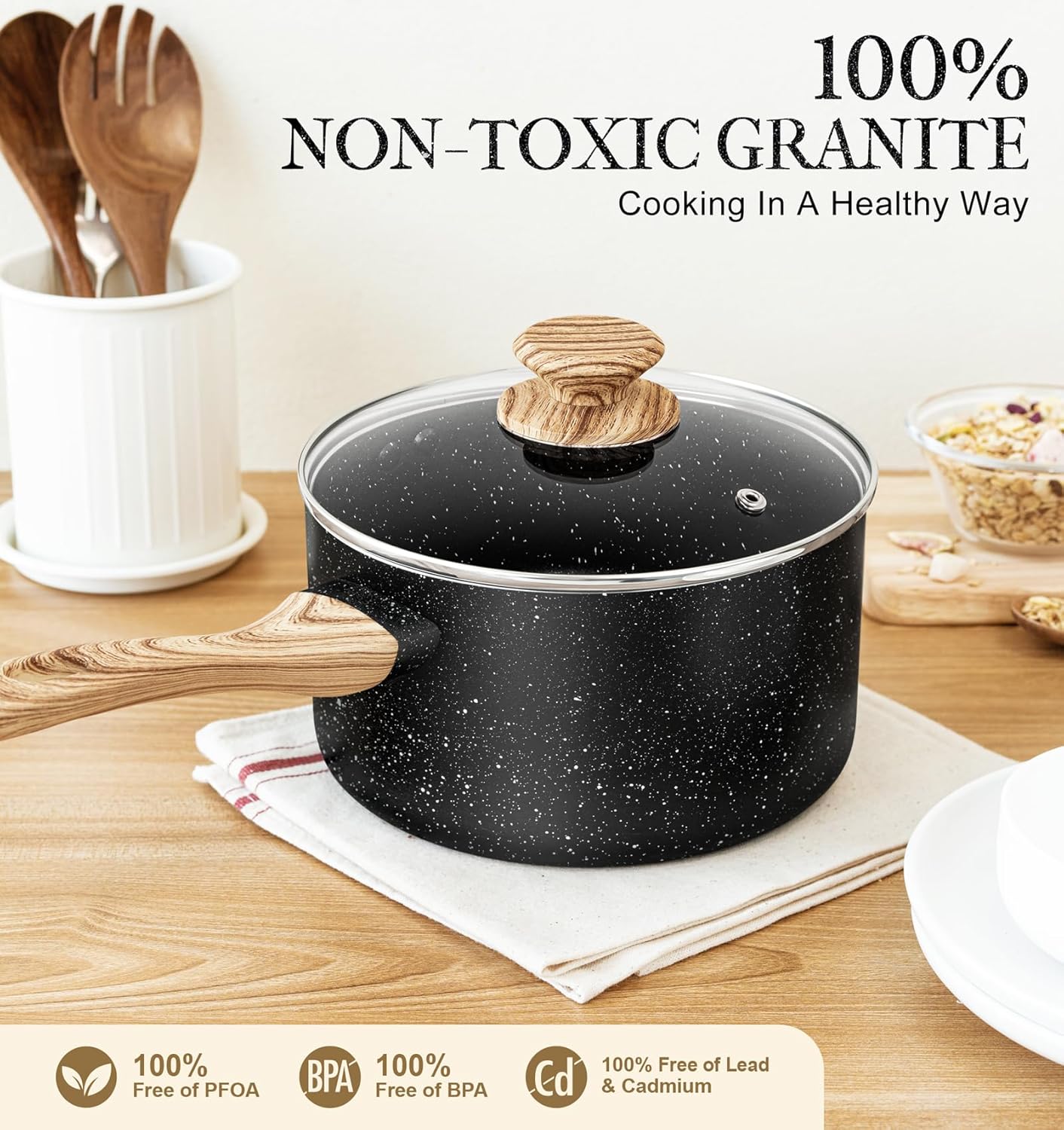 MICHELANGELO Saucepan Set with Lid, Nonstick Sauce Pan with Lid 1QT, 2QT & 3QT, Stone Saucepan Sets, Small Sauce Pot with Lid, Granite Sauce pan 3 Piece, Sauce Pots, Black