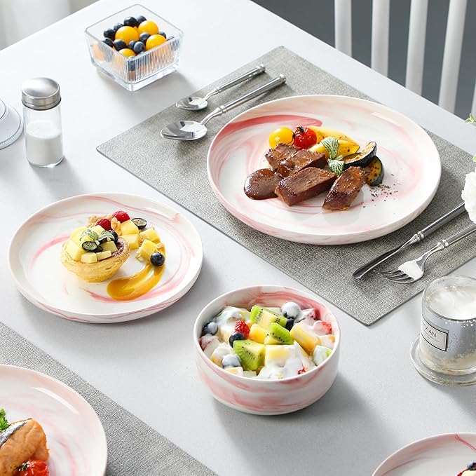 MALACASA Plates and Bowls Sets, 12 Pieces Porcelain Dinnerware Sets Dishware Sets Chip Resistant Ceramic Dish Set Dining Dinner Ware Service for 4, Marble Pink, Series LUNA