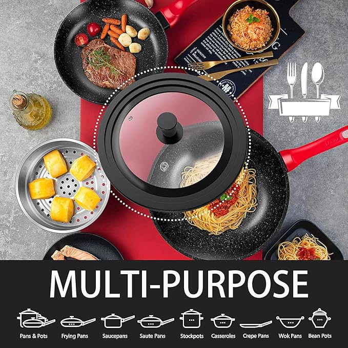 Universal Lid for Pots, Pans and Skillets - Tempered Glass with Heat Resistant Silicone Rim and Heat Resistant Handle Fits 6.5", 7" and 8" Diameter Cookware, Black