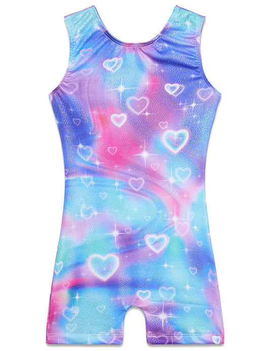 TENVDA Gymnastics Leotards for Girls 5-6 Years Old Tank Biketard with Shorts Sparkly Blue Neon Heart Print Tumbling Unitards
