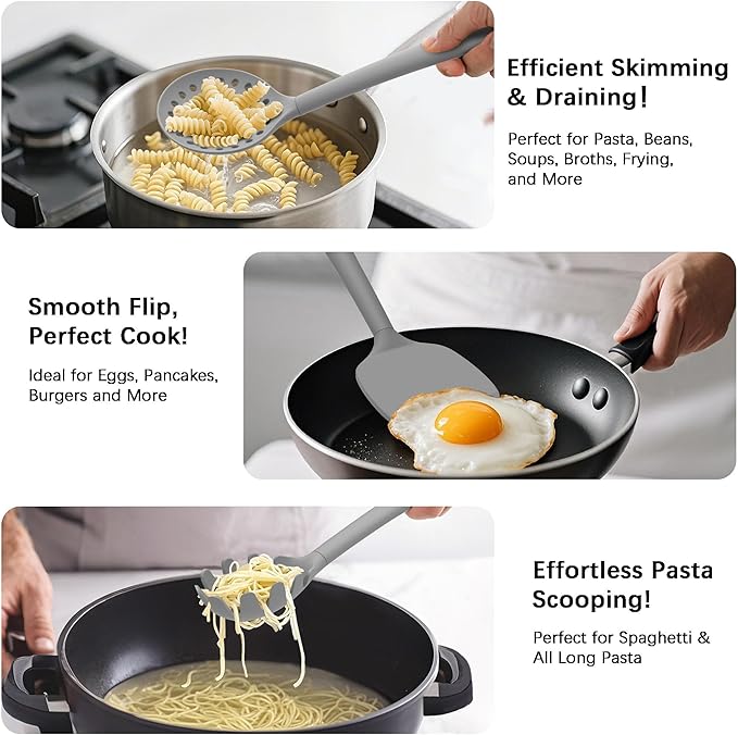 Coukre Silicone Kitchen Cooking Utensils Set with Holder – Heat-Resistant, Food-Grade Kitchen Tools, Spatula, Spoon & Gadgets for Non-Stick Pans, Dishwasher Safe (14, PureGray)