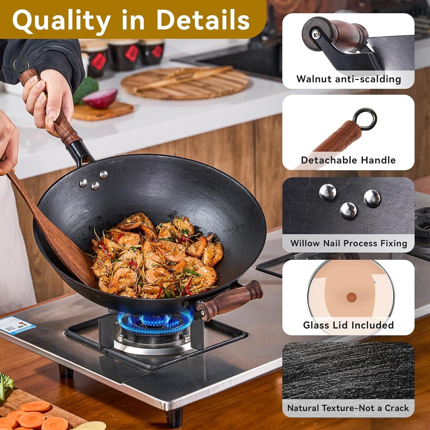WANGYUANJI 14.2 Inch Cast Iron Wok with Glass Lid – Extra Large Flat Bottom Wok for Stir Fry, Steaming, Braising, Compatible with All Stovetops, Black