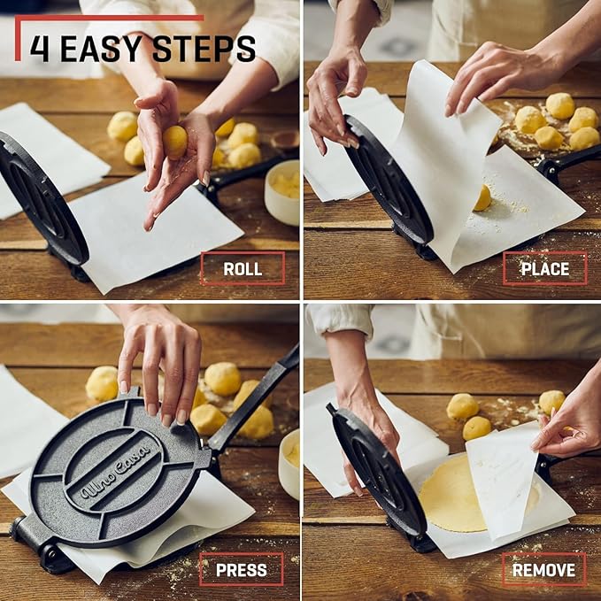 Uno Casa Cast Iron Tortilla Press 8 Inch - Tortilla Maker Press, Pre-Seasoned Roti Maker with 100 Pcs Parchment Paper - Heavy Duty Quesadilla Maker for Homemade Flatbreads, Rotis, Empanadas