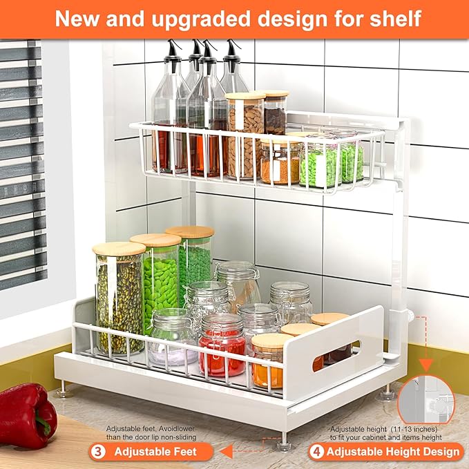 2 Pack Under Sink Organizer, Pull Out Cabinet Organizer 2 Tier Slide Out Sink Basket Drawer Sink Shelf Cabinet Storage Shelves ,Adjustable L Shape Counter Organization for Kitchen Bathroom , White