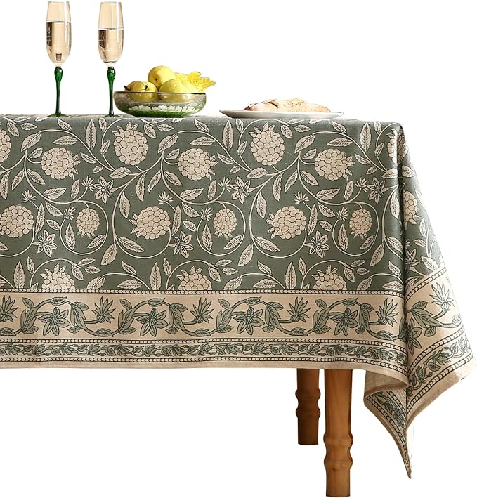 ISAENNE Designer Grayish Green Linen Rectangular Tablecloth,Floral Stain Resistant Table Cloth,Fall Vintage Decor Tablecloths for Dining Thanksgiving Kitchen Party,55"*79"-Andrew A