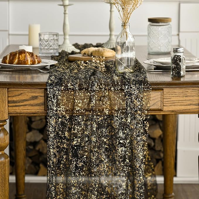 Artoid Mode Black Gold Gauze Table Runner 120 Inch 10FT, Glitter Metallic Foil Sheer Dining Wedding Anniversary Holiday Birthday Table Decor for Home Party