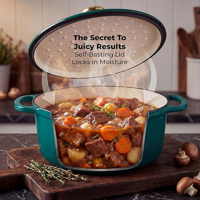 Zulay Kitchen 7.7 Quart Enameled Cast Iron Dutch Oven Pot with Lid – Premium Durability & Oven Safe up to 500°F – Heavy Duty Cookware Perfect for Bread Baking, Stews, Braising & Roasting – Emerald