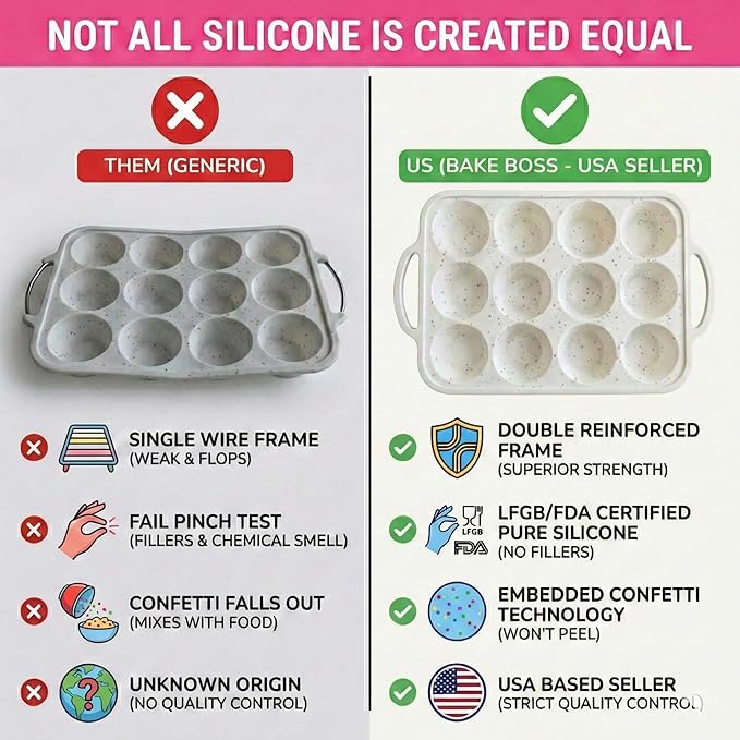 BAKE BOSS 2-Pack Silicone Muffin Pan for Baking with Metal Reinforced Frame -12 Cup Regular Size Cupcake Pan, BPA Free Silicone Muffin Tray - Cupcake Baking Pan Molds for Oven & Dishwasher Safe