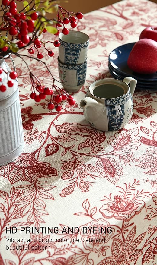 ISAENNE Designer French Linen Small Square Tablecloth,Red Floral Washable Indoor Table Cloth,Durable Home Decor Tablecloths for Dining Thanksgiving Kitchen Tea Party Christmas,55"*55"-Ruyi A