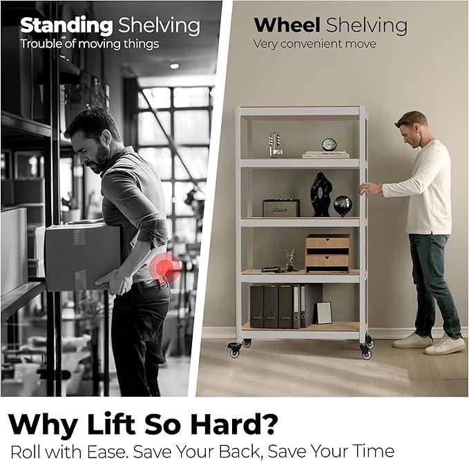 HOMEDANT House White 5-Tier Metal Rolling Cart Shelf Rack Casters Heavy Duty Wheel Shelving Unit Adjustable Utility Storage Shelves Organizer Shelf Kitchen Garage 24.4" W x 16.5" D x 62.2" H 1Pack