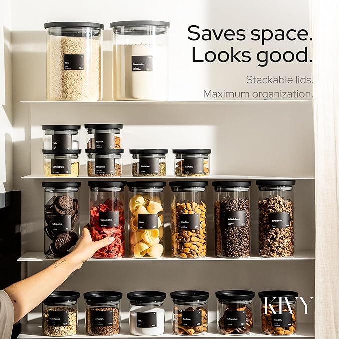 KIVY Airtight Glass Jars with Lids & Labels [4x 17oz] Stackable Glass storage jars with airtight lids - Black Glass Jars with airtight lid - Food Glass canisters with transparent lids