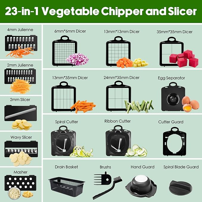 Vegetable Chopper, 10 Blades Slicer Onion Dicer, Multi 23-in-1 Veggie Mandoline Food Cutter for Tomato Fruit, Vegetable cutter with Hand Protector, Egg Separator & Slicer, Container（White）