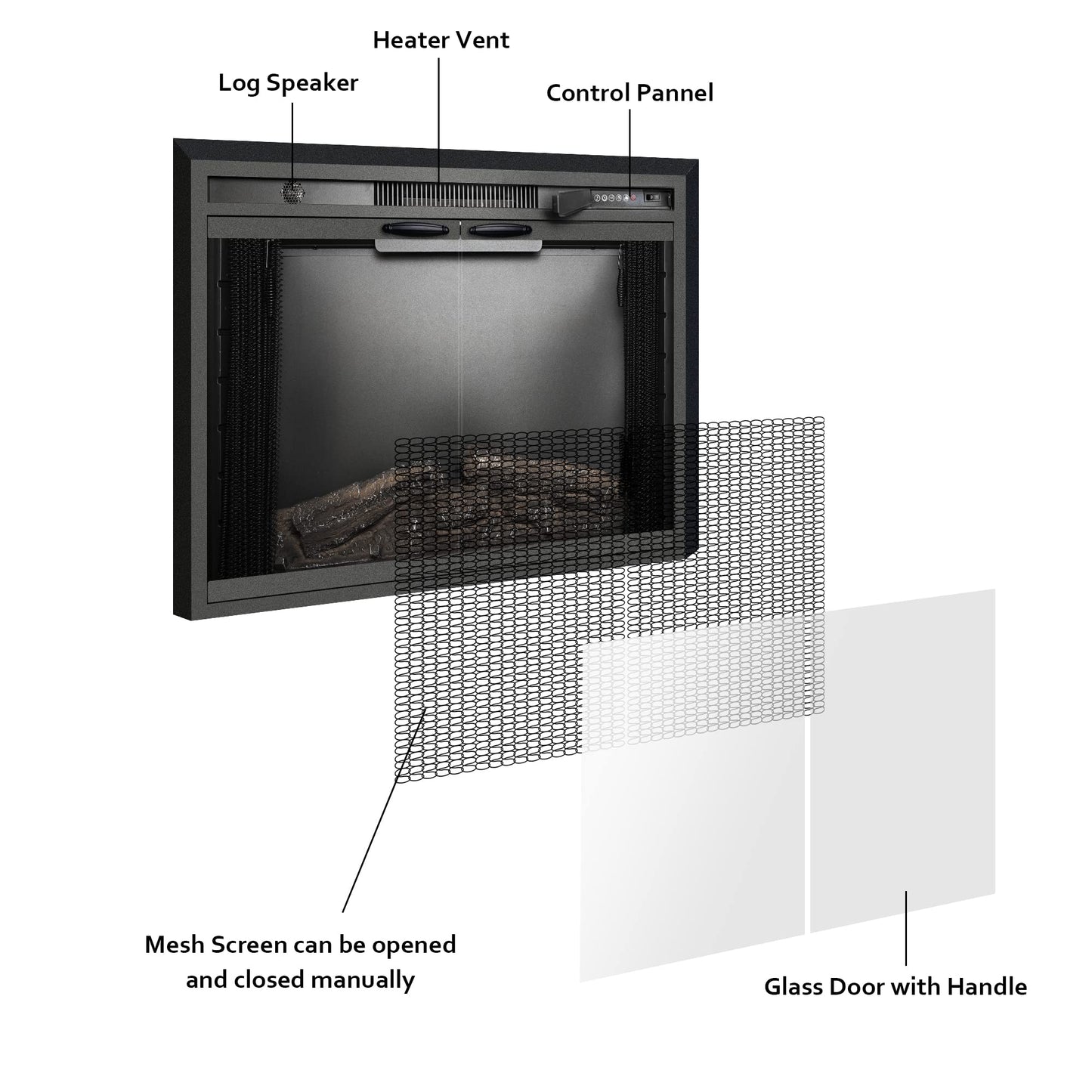 Benrocks 30” Electric Fireplace Inserts with Glass Door and Mesh Screen, Multicolor Flames & Fire Crackling Sounds, Timer, Overheating Protection Fireplace Heater, 750/1500W