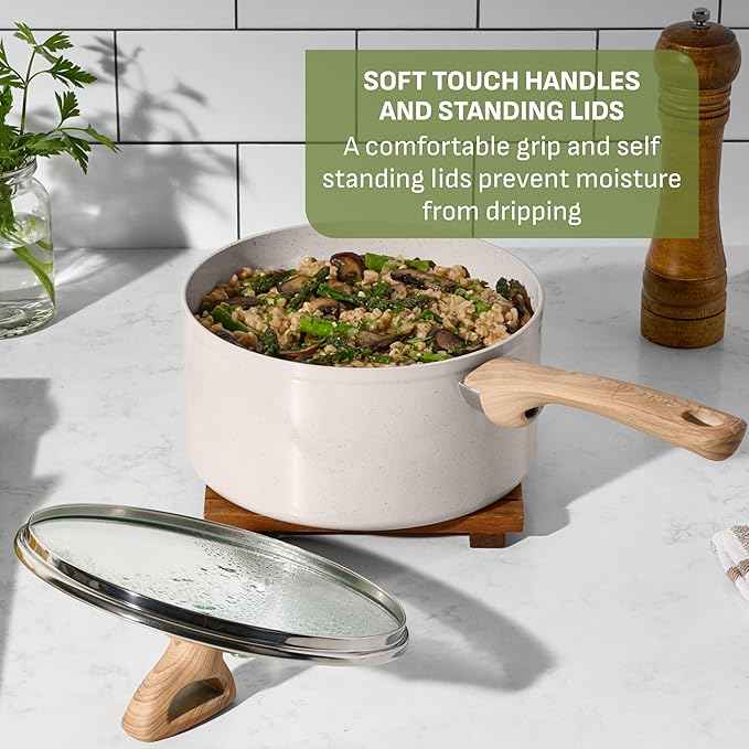 T-Fal Revive Ceramic Nonstick Cookware Set, Oven Safe Up to 350ºF, 12-Piece, Includes Stockpot, Saucepan, Skillet, Frying Pans, Utensils, Ceramic Pots and Pans Set, Beige Granite