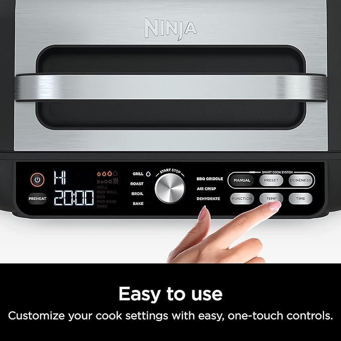 Ninja IG651 Foodi Smart XL Pro 7-in-1 Indoor Grill/Griddle Combo, use Opened or Closed, Air Fry, Dehydrate & More, Pro Power Grate, Flat Top, Crisper, Smart Thermometer, Black