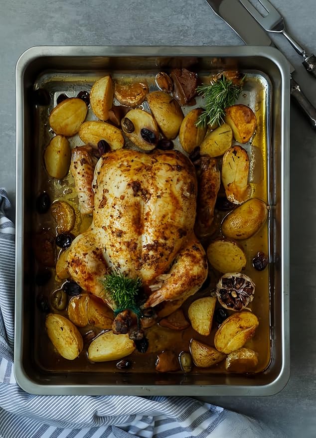 Stainless Steel Sturdy Roasting Pan with Cooling Rack – Oven, Toaster & Grill Safe, Deep Edge, Smooth Finish, Dishwasher Safe – Perfect for Turkey, Chicken, BBQ (17.5x13.6x2.8in)