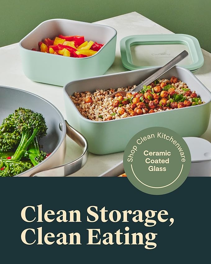 Caraway 3pc Glass Food Storage Set - 10, 6.6, & 4.4 Cup Containers - Ceramic Coated - Non-Toxic Non-Stick Lunch Box With Glass Lids - Dishwasher, Oven, & Microwave Safe - Perracotta