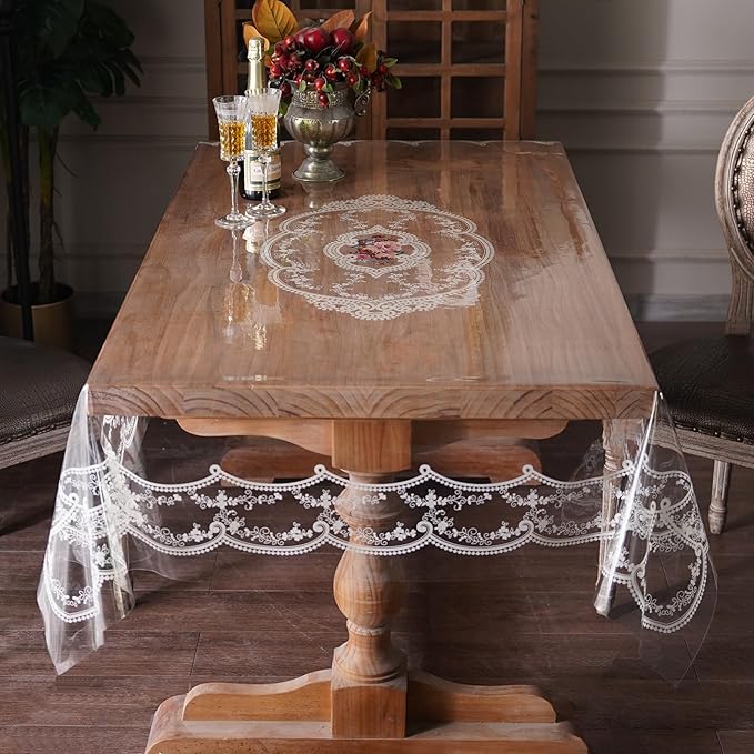 Clear Table Cover Protector Plastic Vinyl Table Cloth with White Lace Pattern Oil Spill Proof Plastic Tablecloths for Dining Tables Parties Holidays (French Lace, 52 x 70 Inches)