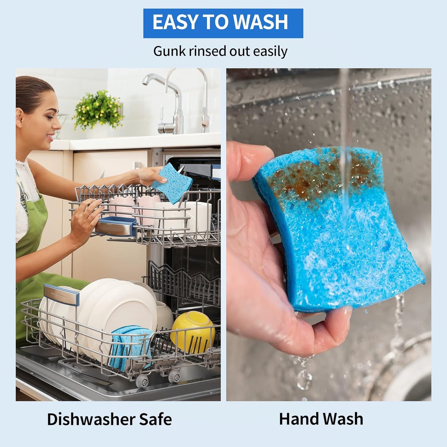 HOMERHYME Non-Scratch Cellulose Scrub Sponges 24 Pack, Kitchen Sponge with Double-Side & Ergonomic Design. Sturdy Sponge for Dishes, Coated Cookware, Sink, Countertops.
