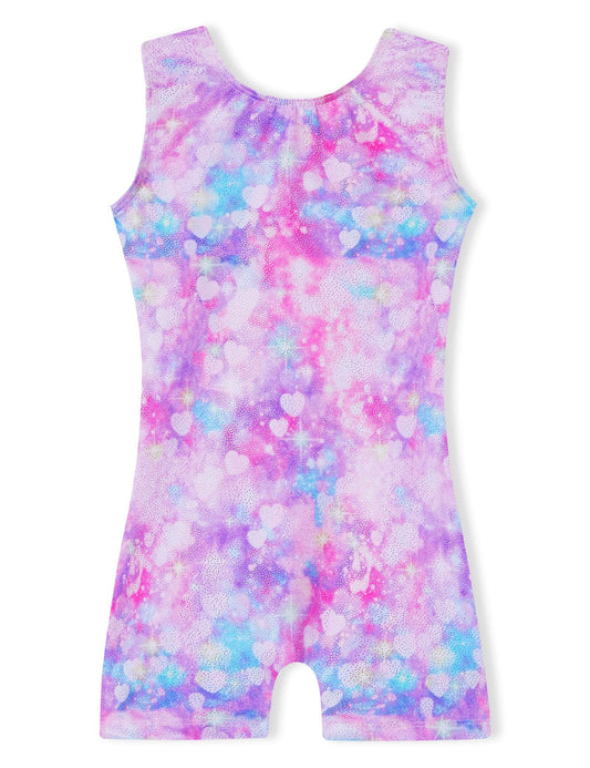 Domusgo Girls Gymnastics Leotards Size 5-6 Years Old Shiny Nenon Pink Colorful Love Heart Sleeveless Biketard