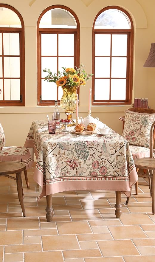 patdrea Designer Pink Linen Table Cloth for Rectangle Table,Vintage Floral with Birds Pattern Decorative Tablcloth,French Table Cover for Kitchen Dining,Thanksgiving,Christmas,55"x71"-Kulom a