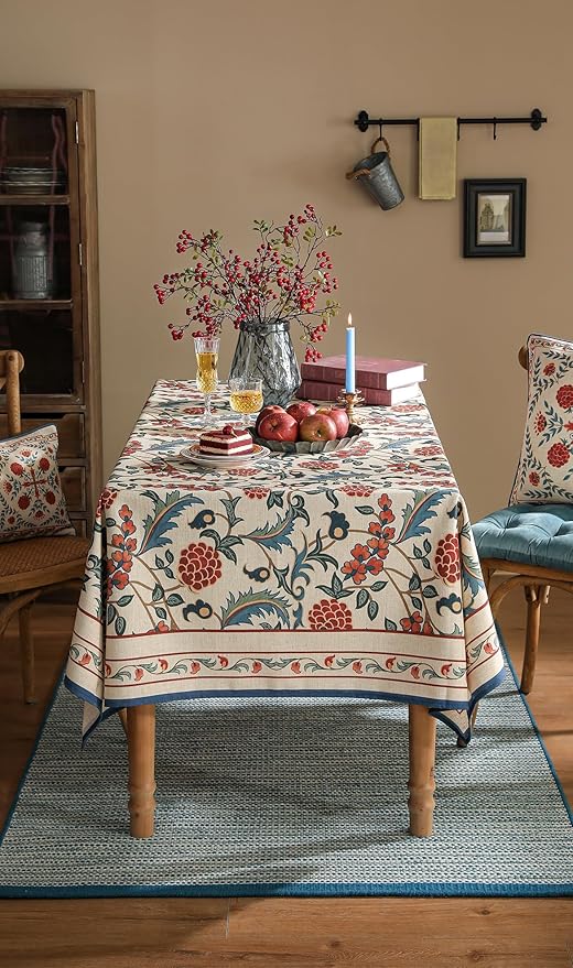 patdrea Designer Vintage Linen Tablecloth for Rectangle Table,French Soft Durable Floral Tablecloths,Colorful Table Cover for Kitchen Dining,Parties,Christmas,Thanksgiving,Party,55"x87"-Puno