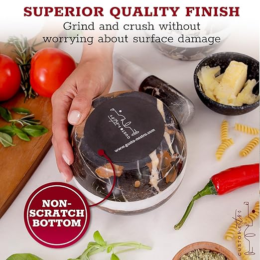 Gusto Nostro Natural Marble Mortar and Pestle Set | 5 Inch - 2.5 Cup Large Mortar Pestle Set for Grinding Herbs, Nuts, Grains | Pesto Grinding and Guacamole Stone Bowl | Marble Spice Crusher