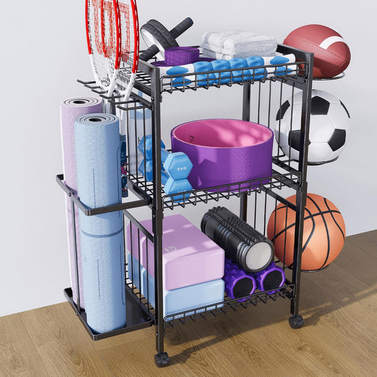 YIWANFW Ball Storage Rack, Sports Equipment Organizer Cart for Garage, Ball Rack for Basketball Baseball Football, Multifunctional Sports Gear Storage, Outdoor Toy Storage Ball Organizer for Garage