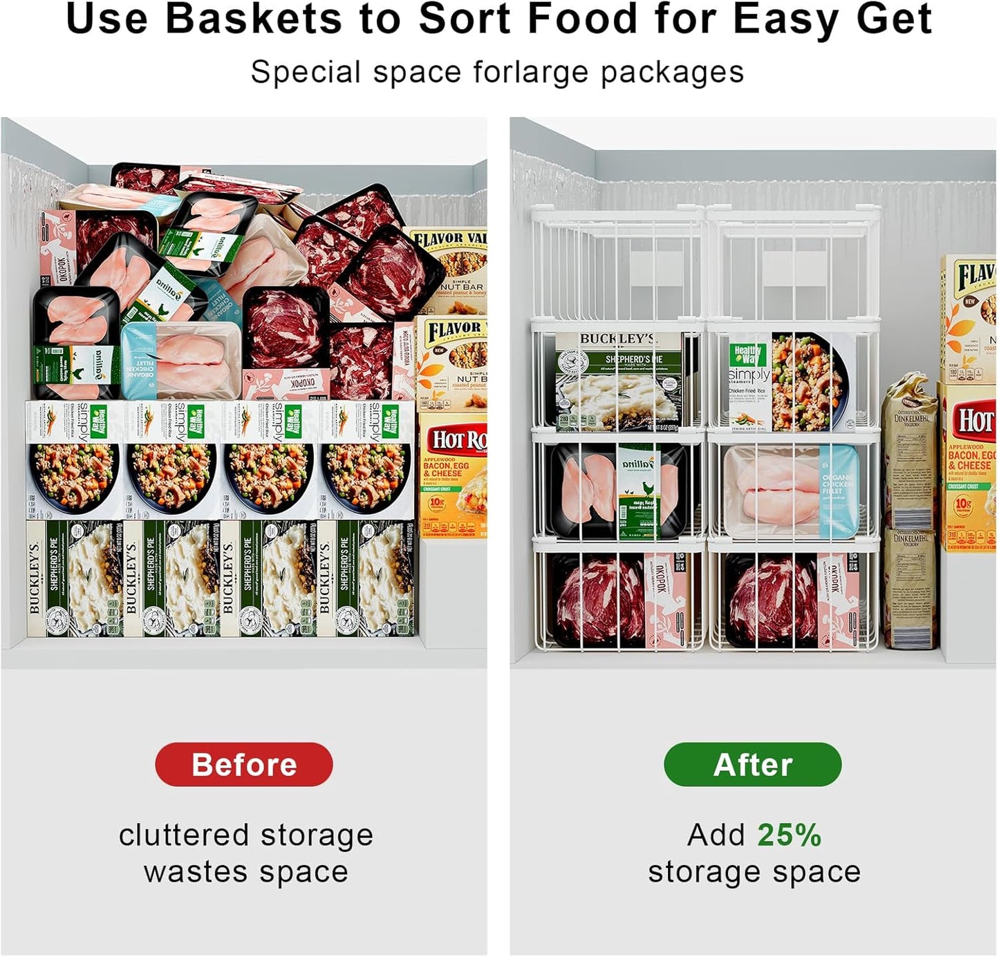 Freezer Storage Organize Baskets - 4 Pack Stackable Deep Freezer Organizer Bins for Most 7 Cu.FT Chest Freezer with Handles, Sturdy but Light, Metal Coated, Add Space, Easy to Reach