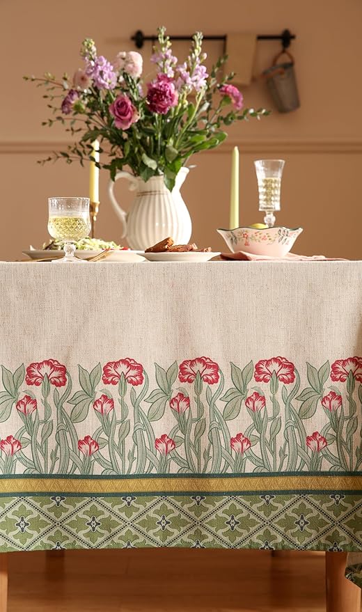patdrea Designer Green Extra Long Tablecloth for Rectangle Table,Vintage Linen Leaves Pattern Table Cloth,Colorful Floral Cover Decor for Kitchen Dining Christmas Thanksgiving,67"x118"-Cecilia D