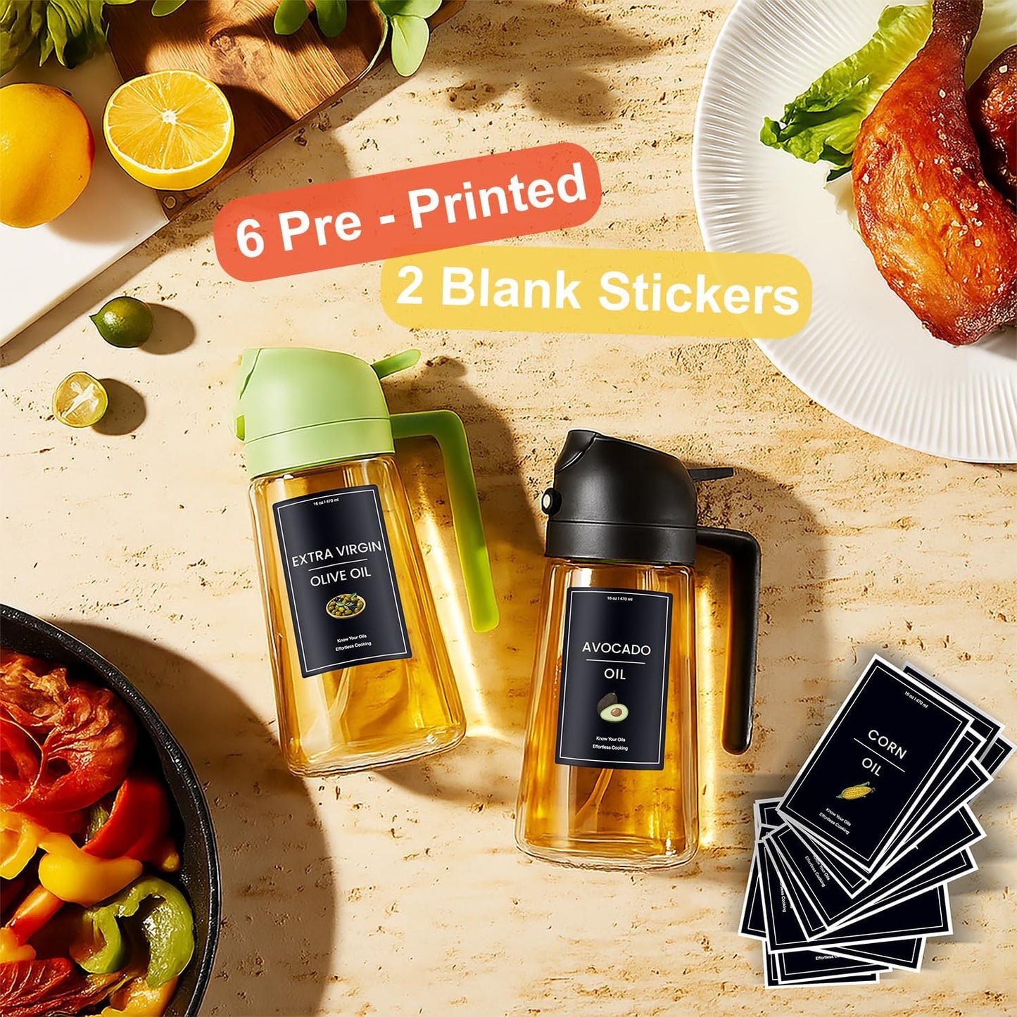 CXINYI - 16oz/470ml Olive Oil Dispenser for Kitchen with Stickers - 2 in 1 Olive Oil Sprayer for Cooking, Air Fryer, and Salad, Black&Green (Light-Proof Kitchen Gadget)