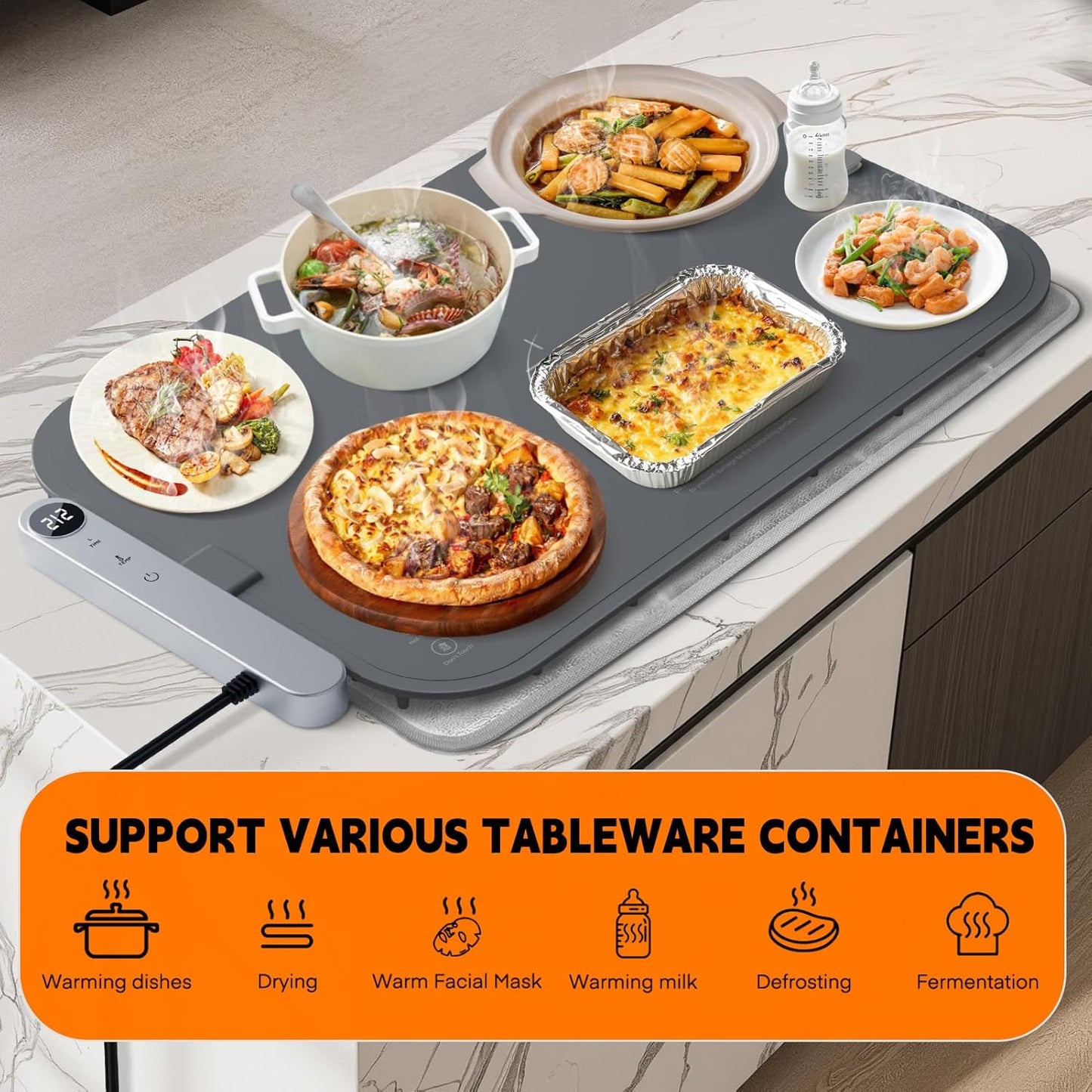 Homelove Food Warming Mat Waterproof - Electric Warming Tray with 6-Level Temperature and Hours Setting, Full Surface Graphene Heating, Dishwasher-Friendly Food Warmer Mat for Parties, Kitchen (Gray)