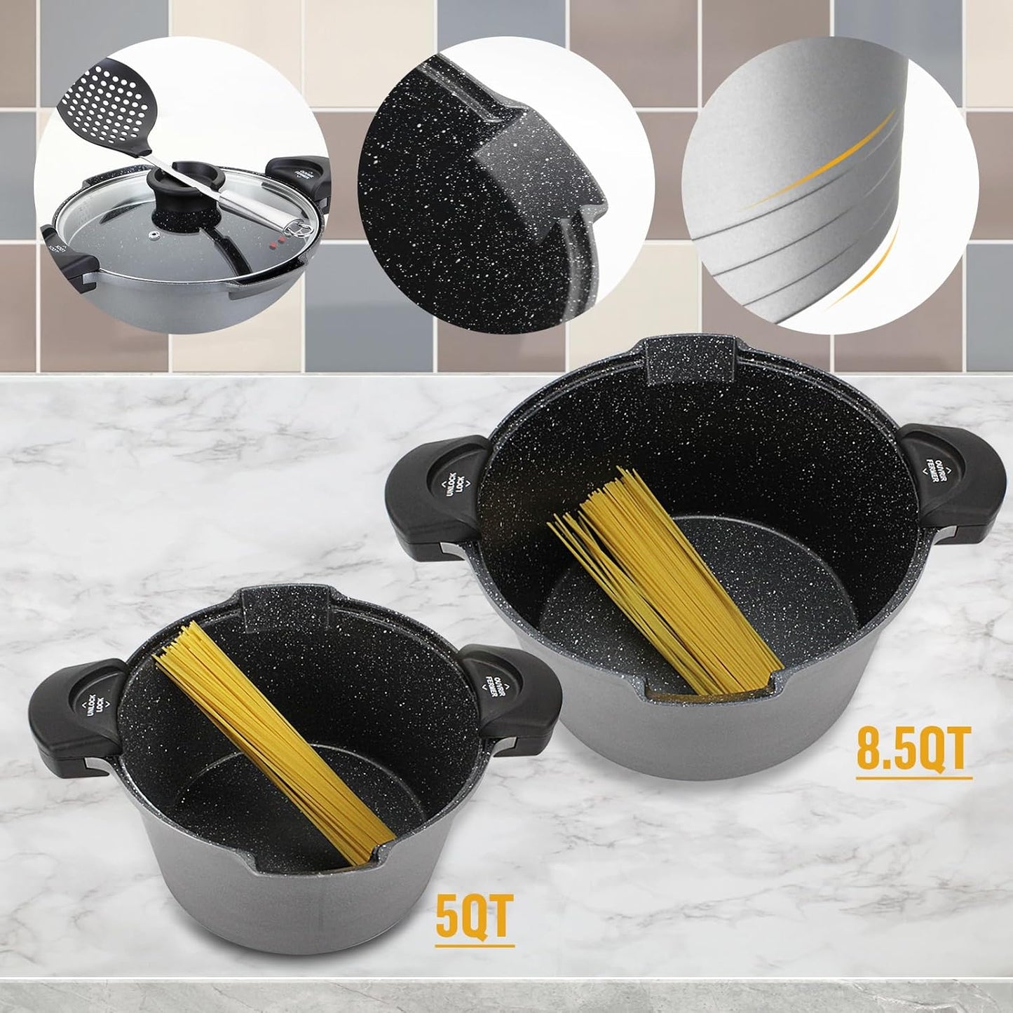 8.5QT Pasta Pot with Strainer Lid, 11'' Cast Aluminum Nonstick Multipurpose Stock Pot Spaghetti, Self-Draining Cooking Pot with Insulated Handles for Soup, and Boiling