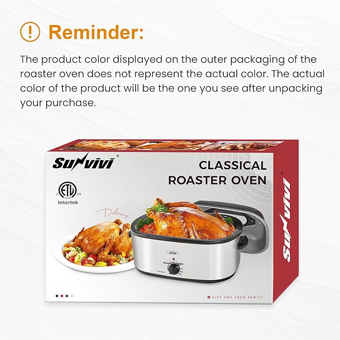 RoyalCraft 26-Quart Electric Roaster Oven with Visible Self-Basting Lid, Turkey Roaster Oven with Removable Pan and Rack, Perfect for Large Meals and Holiday Feasts, Silver