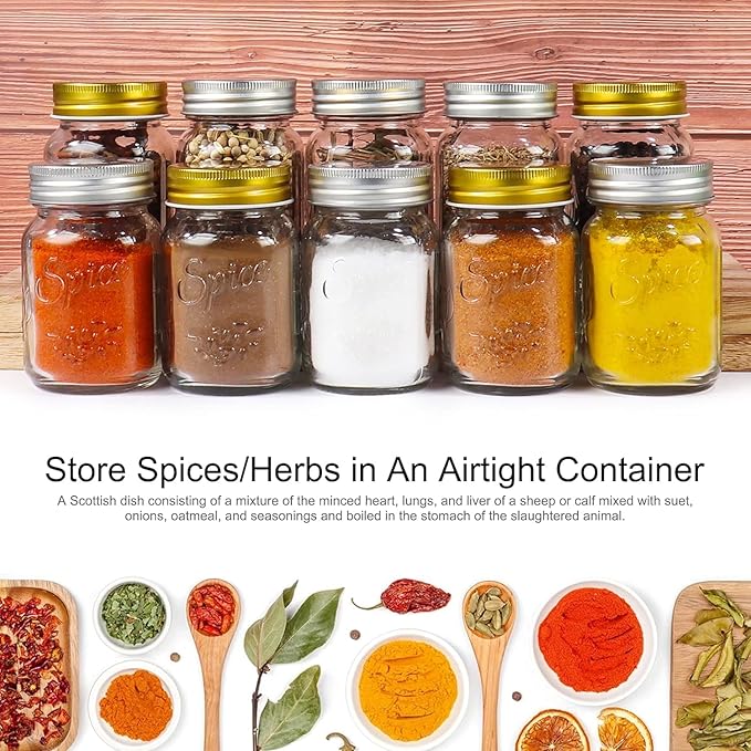 CycleMore 30 Pack 4oz Glass Mason Spice Jars, Round Spice Containers with Gold Metal Caps and Pour/Sift Shaker Lids-80pcs Labels,1pcs Silicone Collapsible Funnel,1Brush and Pen Included