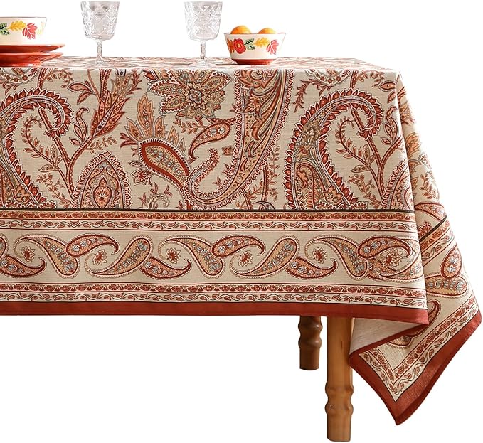 ISAENNE Designer French Red Extra Long Tablecloth Rectangle,Linen Table Cloth with Cashew Pattern,Stain Proof Decor Tablecloths for Dining Thanksgiving Kitchen Christmas,63"*110"-Chauffrey D