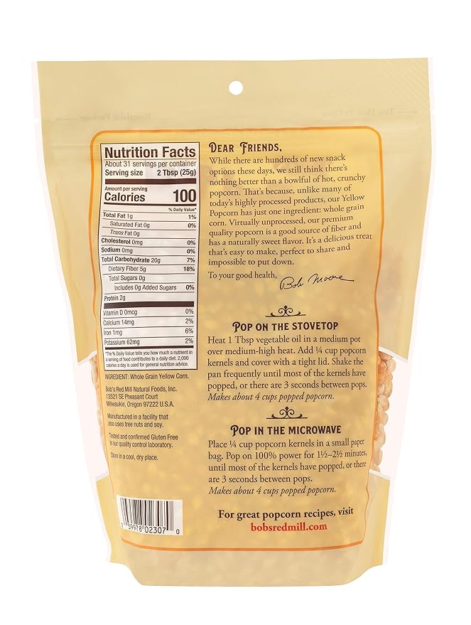 Bob's Red Mill Yellow Popcorn, 30oz (Pack of 4) - Non GMO, Whole Grain, Vegan, Kosher