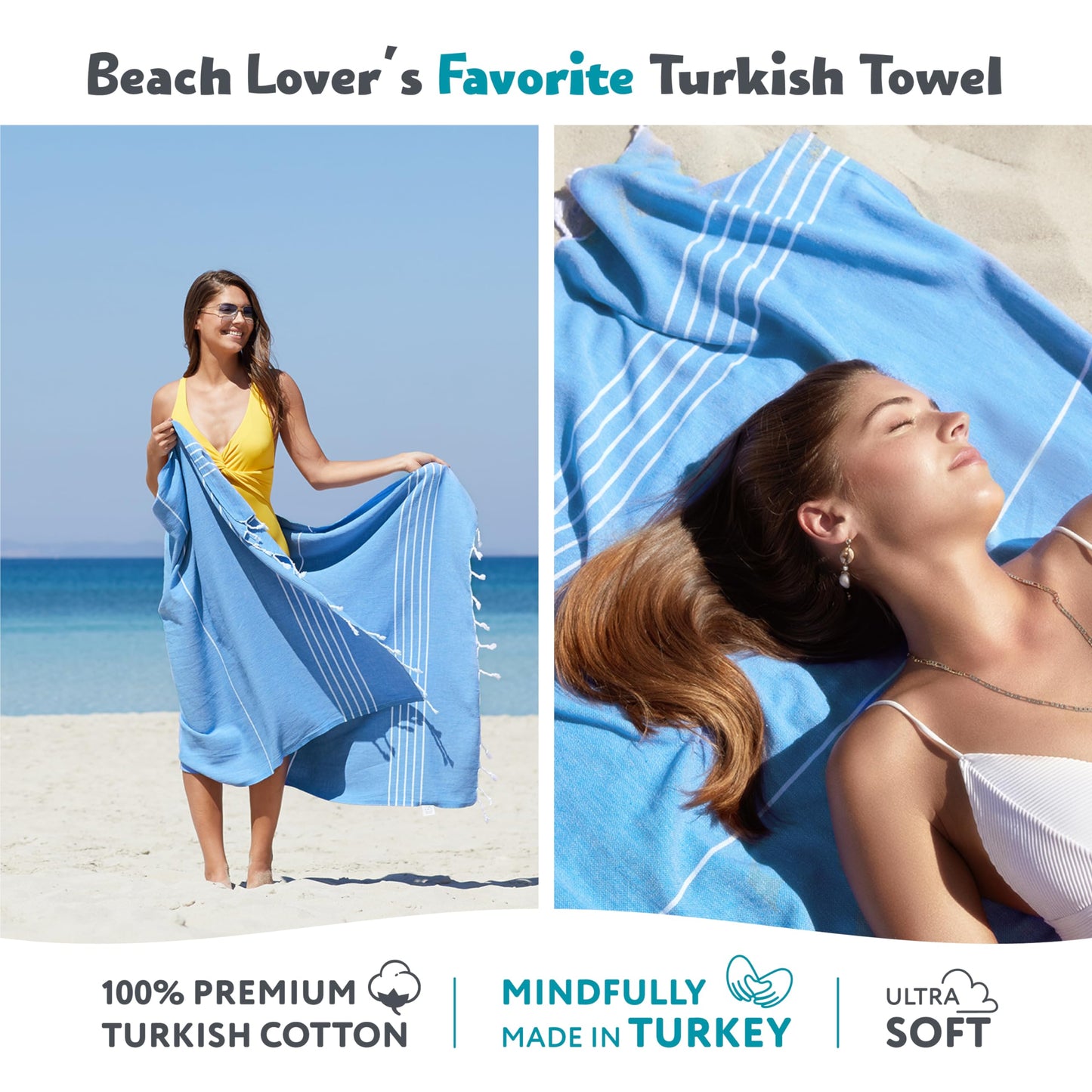 WETCAT Turkish Beach Towel Oversized 38x71 100% Cotton Sand Free Quick Dry Extra Large Light Travel Towel for Adults Beach Accessories Gifts - Royal Blue