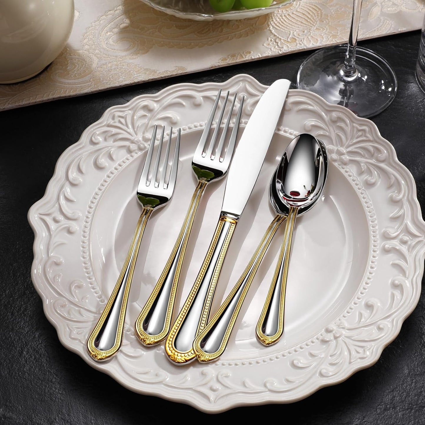 KEAWELL Pearl Edge Premium 65-Piece Refined Bead Silverware Set, 18/10 Stainless Steel, Service for 12, Fine Flatware Set with Serving Utensils, Dishwasher Safe (65, Gold Accent)
