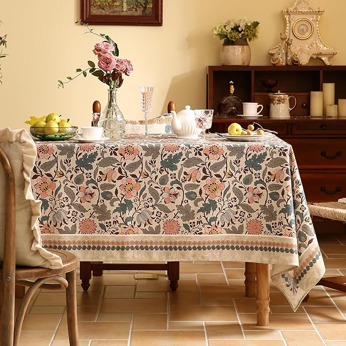 ISAENNE Designer Boho Floral Extra Long Tablecloth Rectangle,Linen Lotus Flower Pattern Colorful Table Cloth,Durable Decor Tablecloths for Dining Thanksgiving Kitchen Christmas,63"*110"-Hazel A