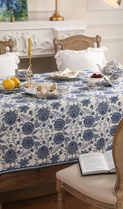 patdrea Designer Vintage Blue Long Rectangle Tablecloth,Linen Anti-Wrinkle Paisley Pattern Farmhouse Table Cloth,Decor Table Cover for Kitchen Dining,Christmas,Thanksgiving,63"x94"-Lantang a