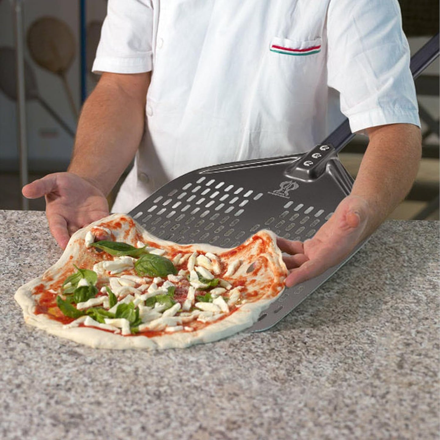 Pizza Turning Peel 9 Inch Perforated Pizza Peel and Pizza Brush Ash Rake 4 Piece Wood Fired Commercial Pizza Oven Utensil Kit with 40-Inch Aluminum Handle