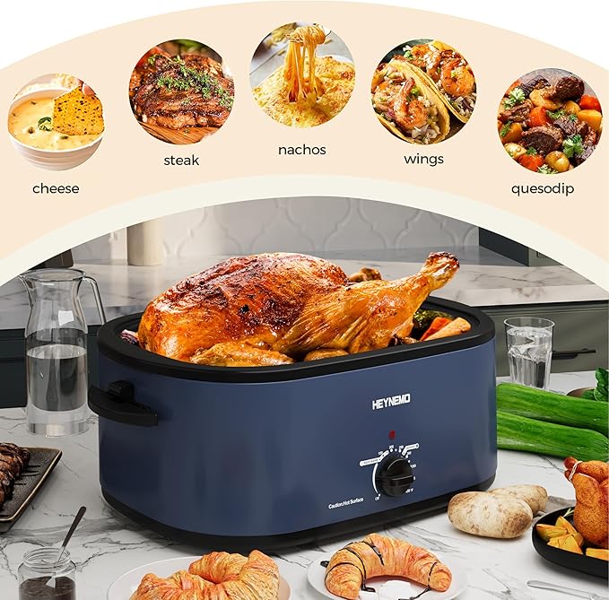 26Qt Turkey Roaster Oven Buffet with Self-Basting Lid, 1450W Electric Roaster Oven with Cool-Touch Handles, with Removable Pan and Rack, Blue
