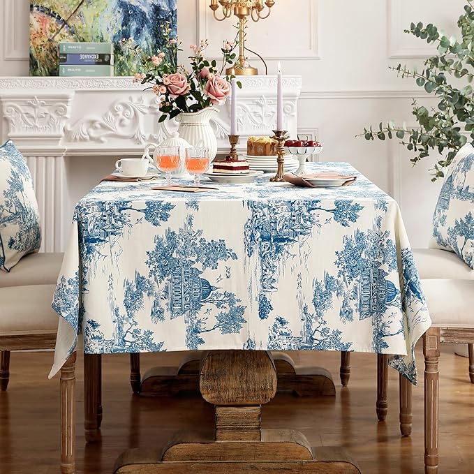 patdrea Designer Vintage Cyan Extra Long Tablecloth for Rectangle Table,Linen Ancient Castle and Manor Pattern Tablecloths,Decor for Kitchen Dining Christmas,Thanksgiving,63"x110"-Lucerne a