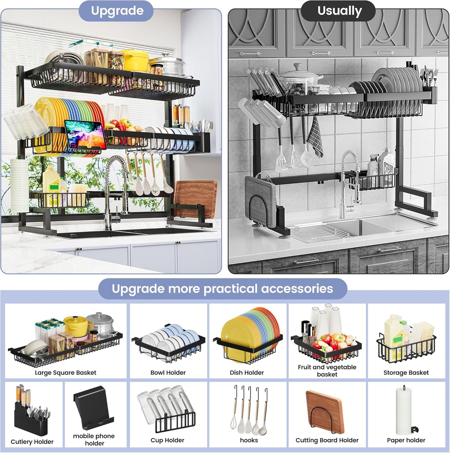 ADBIU Over The Sink Dish Drying Rack (Expandable Height and Length) Snap-On Design 2 Tier Large Dish Rack 31-39.4L x 12W x 34-38H inches