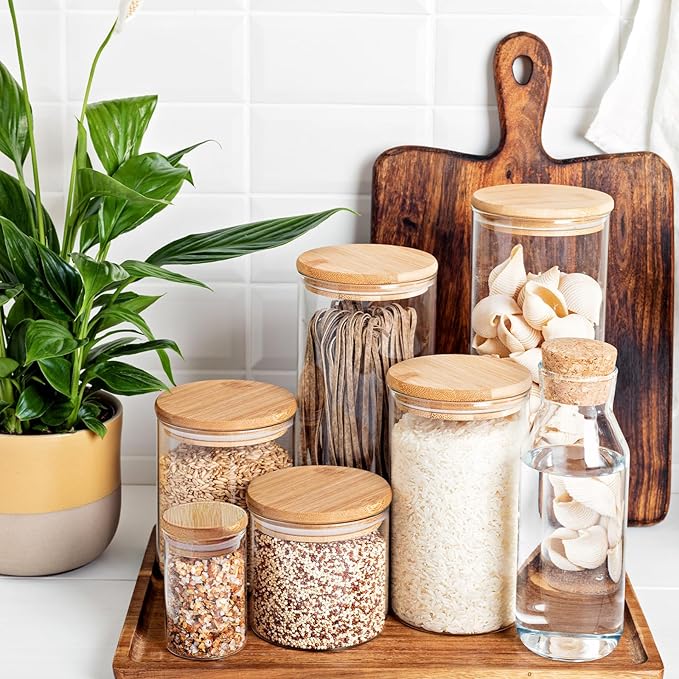SHOWIN 15oz Glass Food Storage Jars, Glass Jars with Bamboo Lids, Kitchen Storage Jars, Set of 6, Canisters with Airtight Lids for Spice, Coffee, Cookie, Pantry Organizers