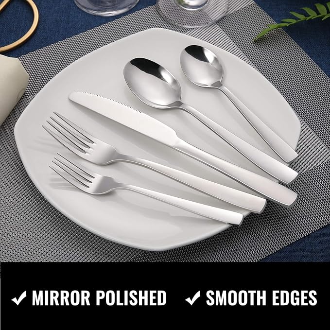 Hiware 24-Piece Silverware Set with Steak Knives, Stainless Steel Flatware Cutlery, Mirror Polished Flatware Serving Utensils Set for 4, Includes Forks Spoons Knives Silverware, Dishwasher Safe